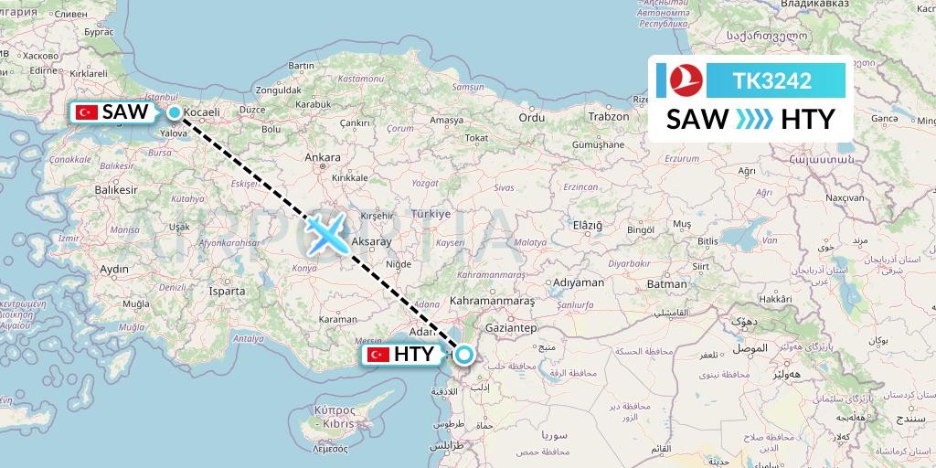TK3242 Turkish Airlines Flight Map: Istanbul to Antakya