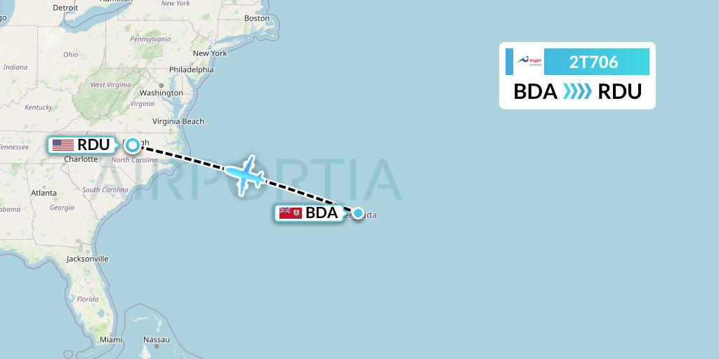 2T706 Trujet Flight Map: Bermuda to Raleigh-Durham
