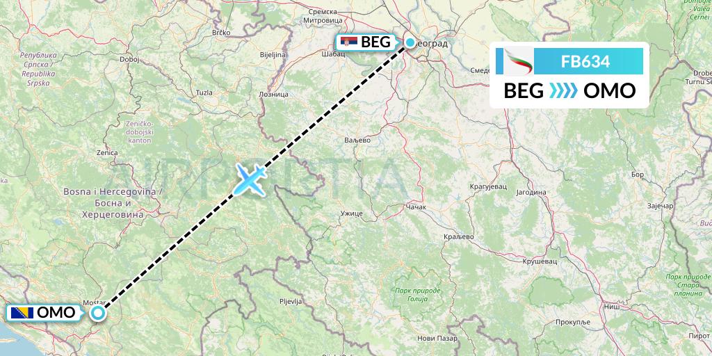 FB634 Bulgaria Air Flight Map: Belgrade to Mostar