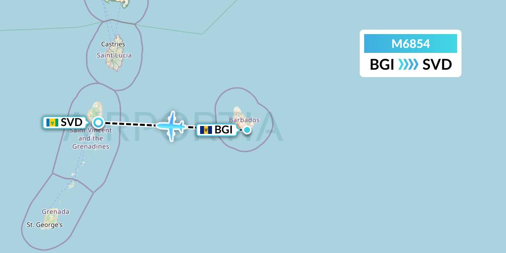 M6854 Amerijet International Flight Map: Bridgetown to Kingstown