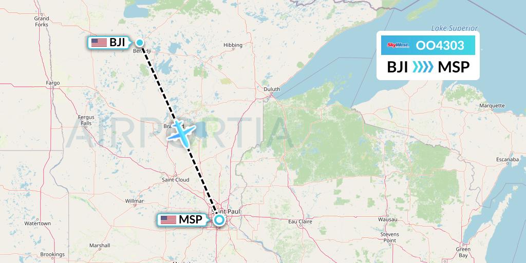 OO4303 SkyWest Airlines Flight Map: Bemidji to Minneapolis
