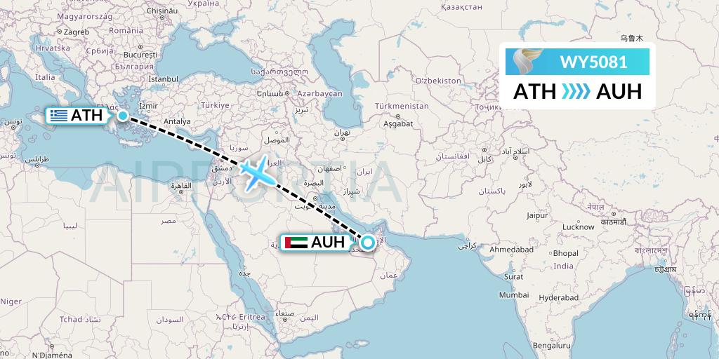 WY5081 Oman Air Flight Map: Athens to Abu Dhabi