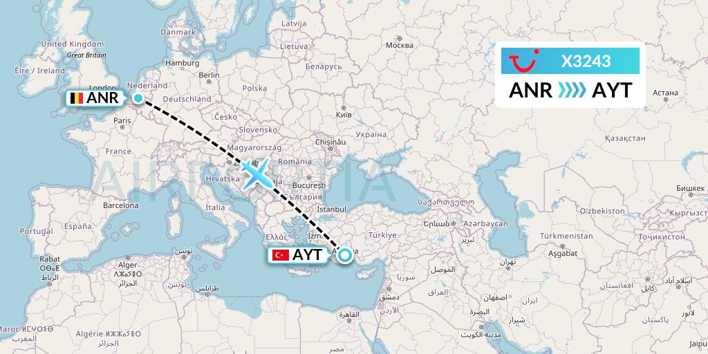 X3243 TUI fly Germany Flight Map: Antwerp to Antalya