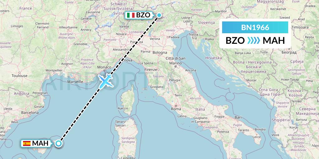 BN1966 Forward Air International Airlines Flight Map: Bolzano to Mahon