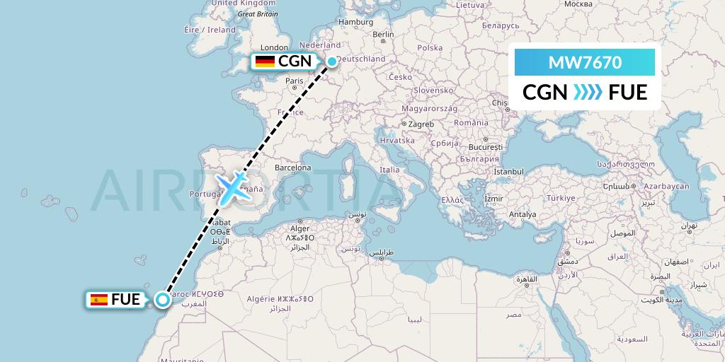 MW7670 Mokulele Flight Service Flight Map: Cologne to Fuerteventura