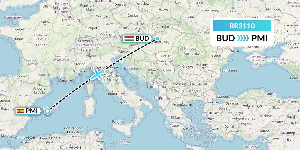 RR3110 Royal Air Force Flight Map: Budapest to Palma de Mallorca