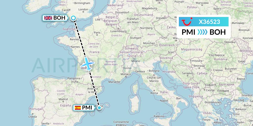 X36523 TUI fly Germany Flight Map: Palma de Mallorca to Bournemouth
