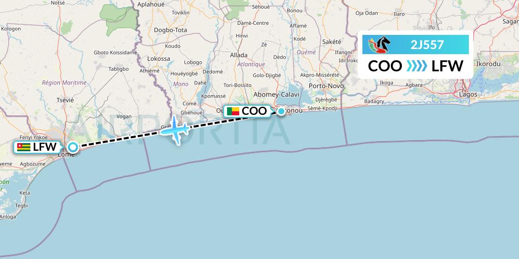 2J557 Air Burkina Flight Map: Cotonou to Lome