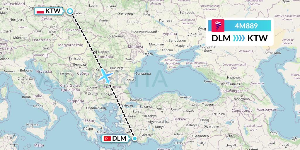 4M889 LATAM Airlines Argentina Flight Map: Dalaman to Katowice