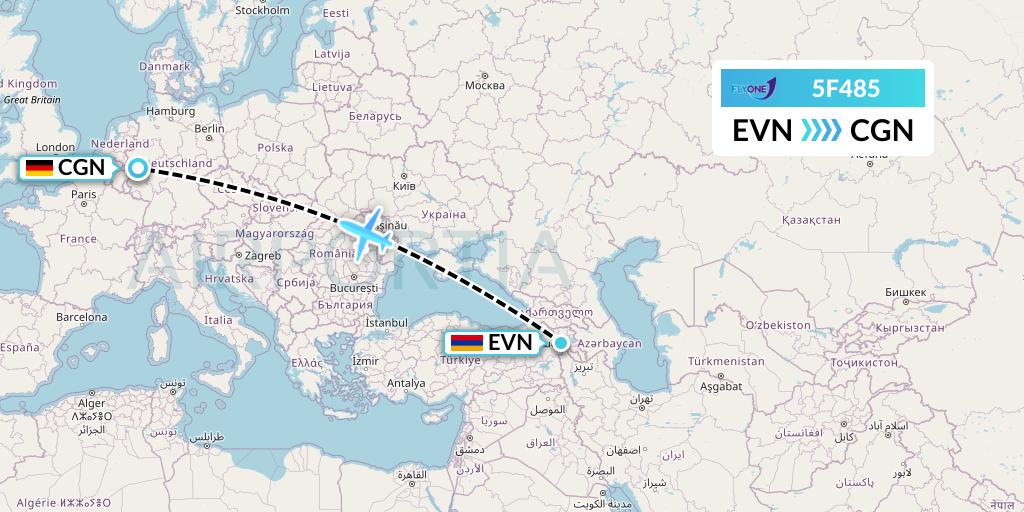 5F485 Fly One Flight Map: Yerevan to Cologne