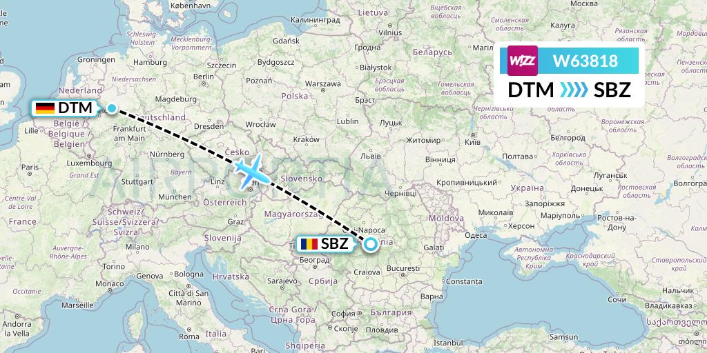 W63818 Wizz Air Flight Map: Dortmund to Sibiu