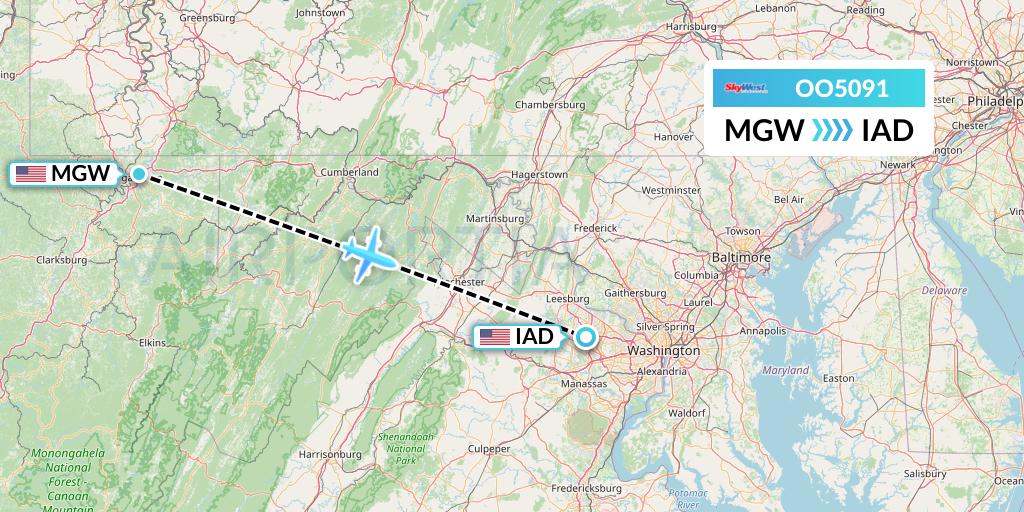 OO5091 SkyWest Airlines Flight Map: Morgantown to Washington