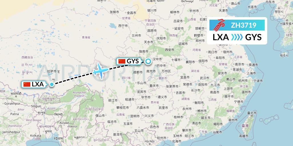 ZH3719 Shenzhen Airlines Flight Map: Lhasa to Guangyuan