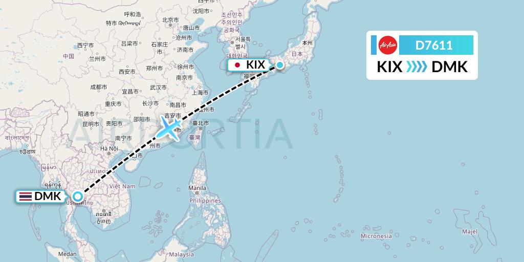 D7611 AirAsia X Flight Map: Osaka to Bangkok