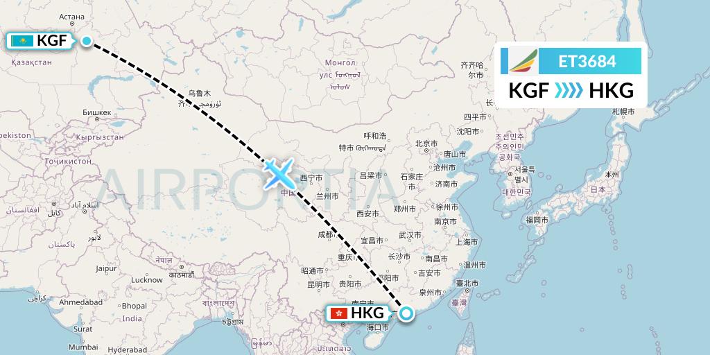 ET3684 Ethiopian Airlines Flight Map: Karaganda to Hong Kong