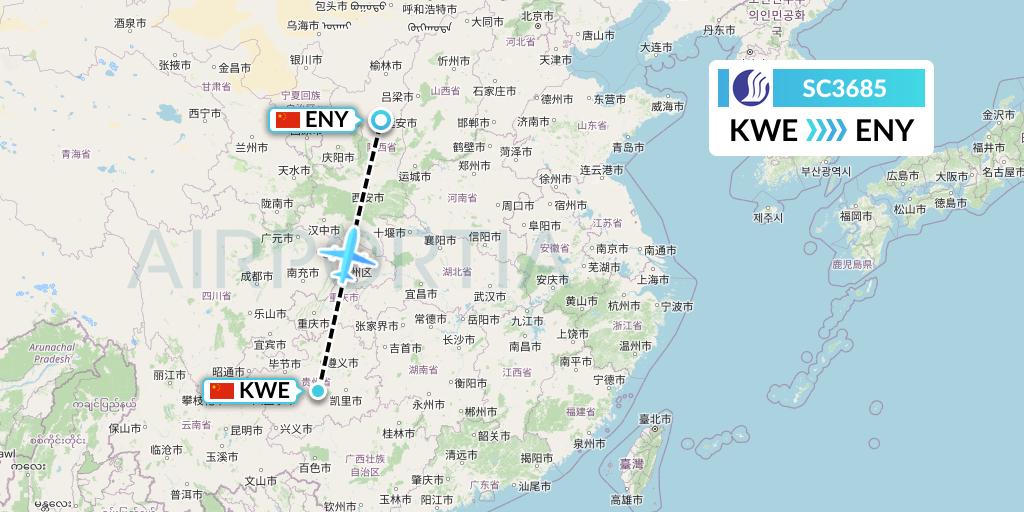 SC3685 Shandong Airlines Flight Map: Guiyang to Yan'an