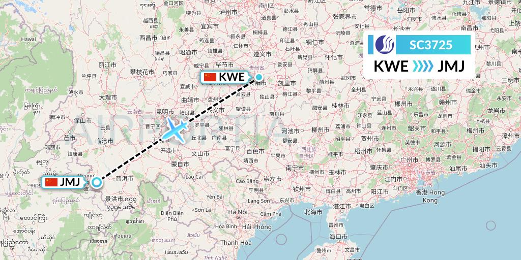 SC3725 Shandong Airlines Flight Map: Guiyang to Pu'er