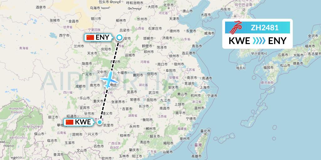 ZH2481 Shenzhen Airlines Flight Map: Guiyang to Yan'an