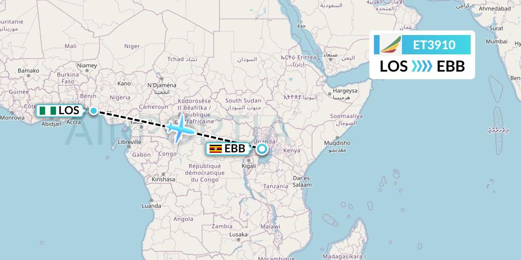 ET3910 Ethiopian Airlines Flight Map: Lagos to Entebbe