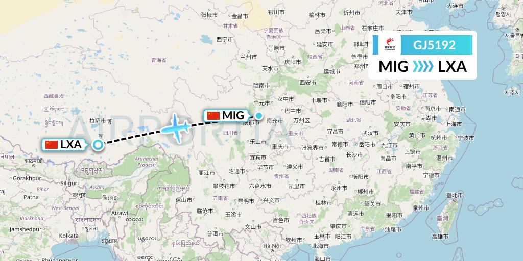 GJ5192 Loong Airlines Flight Map: Mianyang to Lhasa