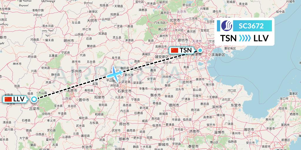 SC3672 Shandong Airlines Flight Map: Tianjin to Kunming