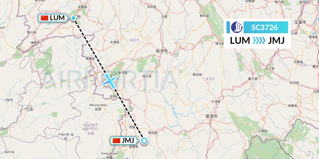 SC3726 Shandong Airlines Flight Map: Mangshi to Pu'er