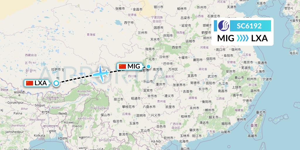 SC6192 Shandong Airlines Flight Map: Mianyang to Lhasa