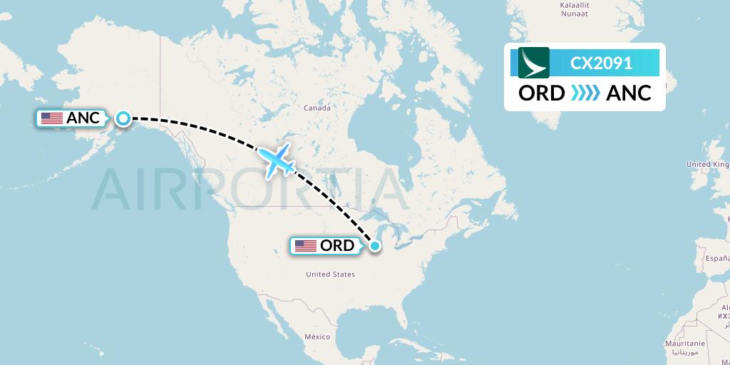 CX2091 Cathay Pacific Flight Map: Chicago to Anchorage