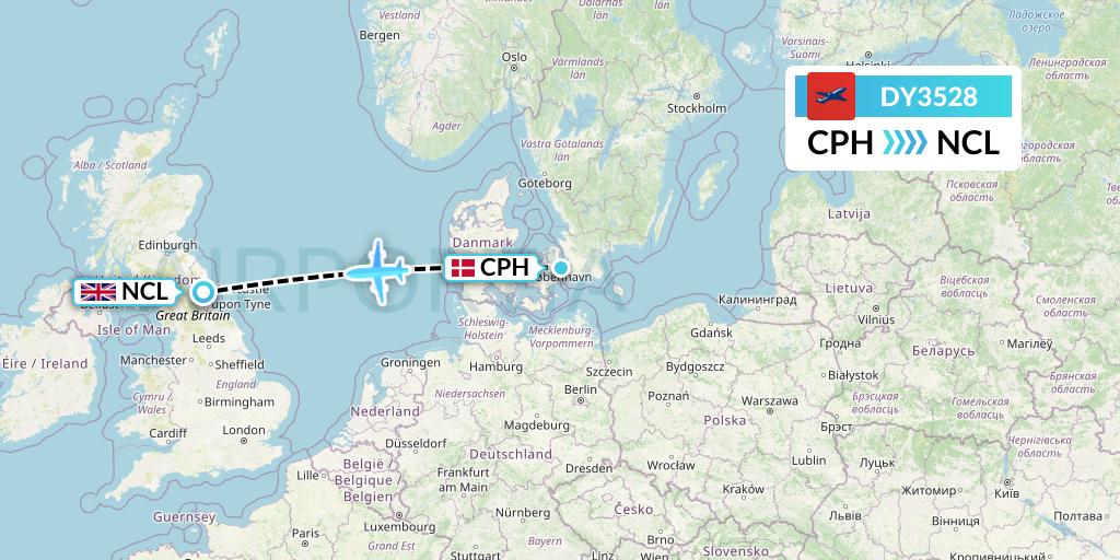 DY3528 Norwegian Flight Map: Copenhagen to Newcastle
