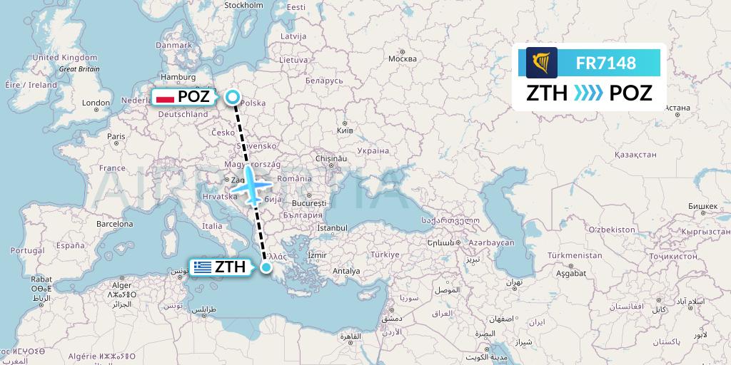 FR7148 Ryanair Flight Map: Zakynthos to Poznan