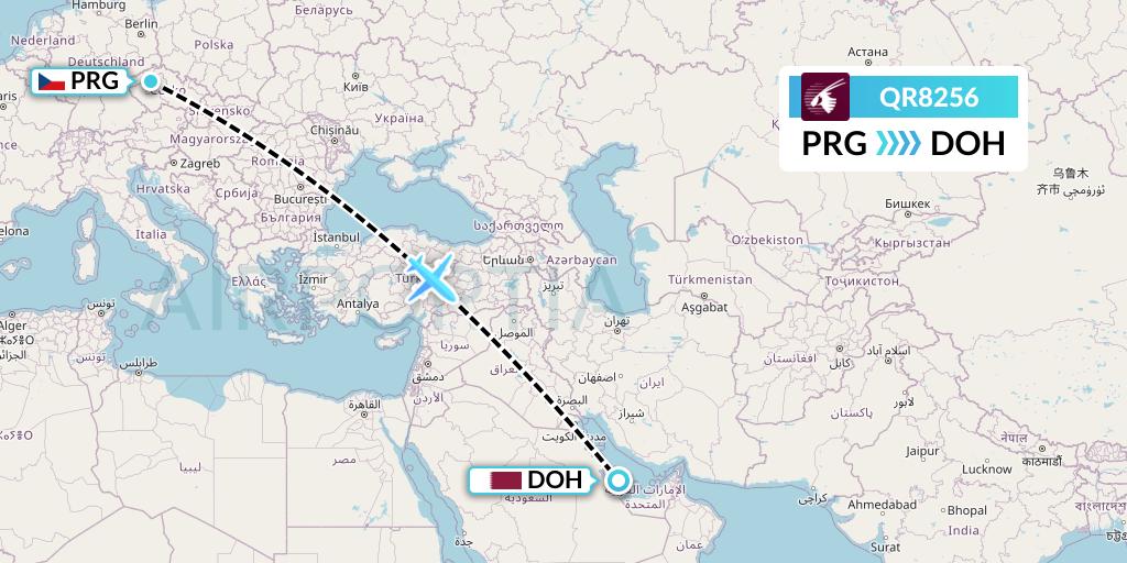 QR8256 Qatar Airways Flight Map: Prague to Doha
