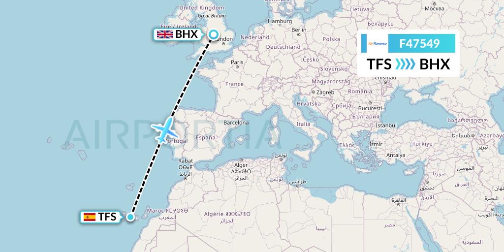 F47549 Air Flamenco Flight Map: Tenerife to Birmingham