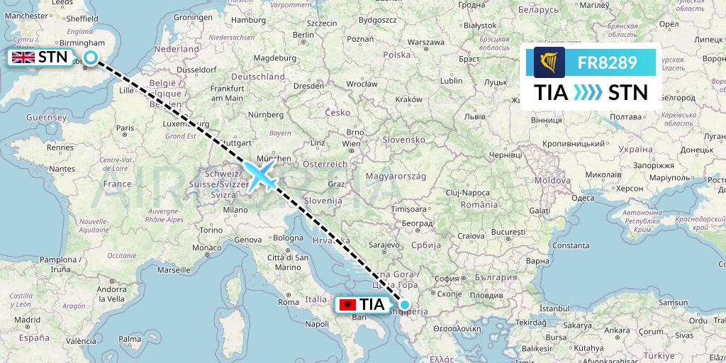 FR8289 Ryanair Flight Map: Tirana to London