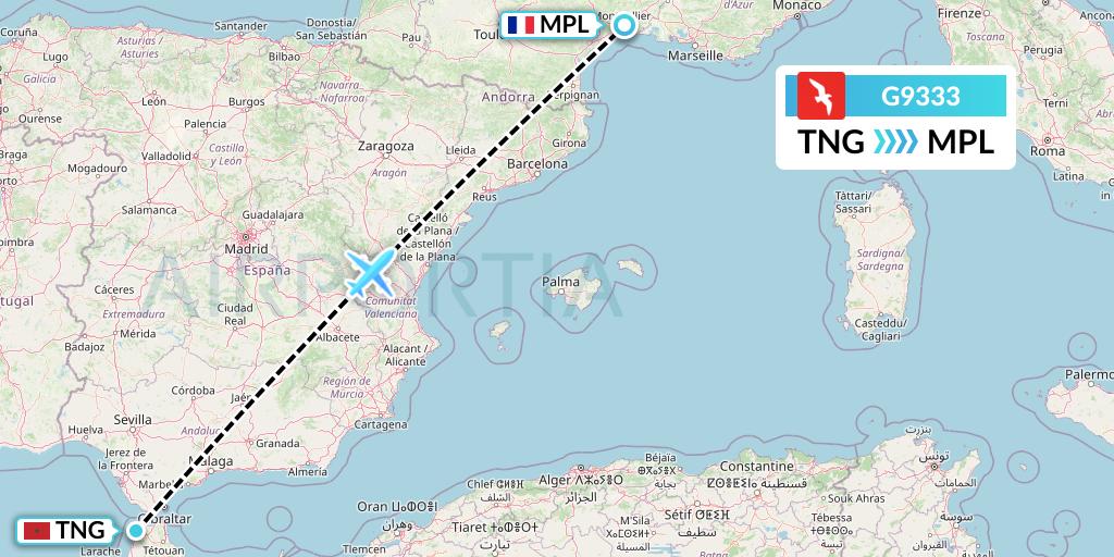 G9333 Air Arabia Flight Map: Tangier to Montpellier