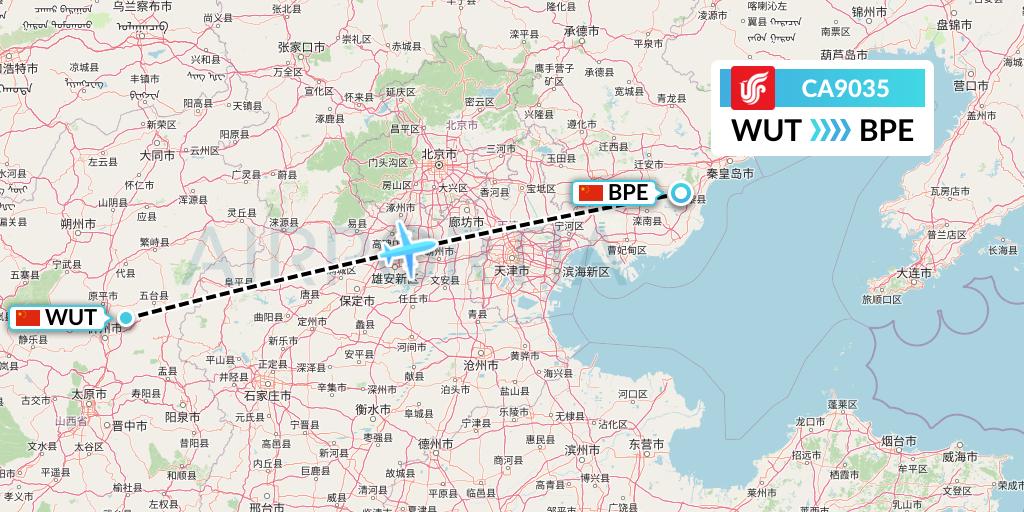 CA9035 Air China Flight Map: Taiyuan to Qinhuangdao