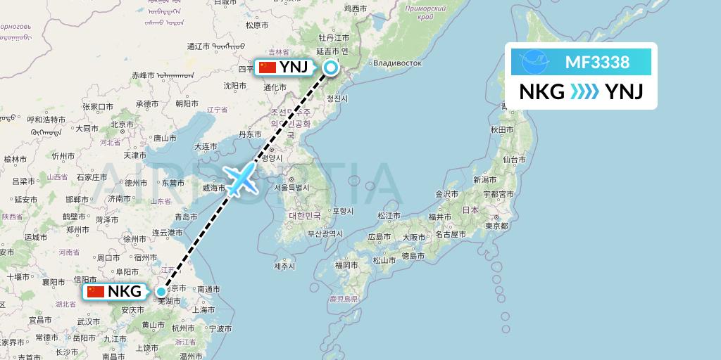 MF3338 Xiamen Airlines Flight Map: Nanjing to Yanji