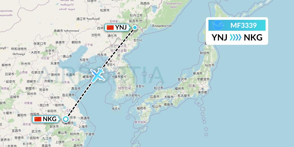 MF3339 Xiamen Airlines Flight Map: Yanji to Nanjing