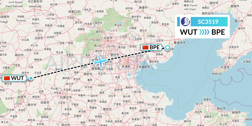 SC3519 Shandong Airlines Flight Map: Taiyuan to Qinhuangdao