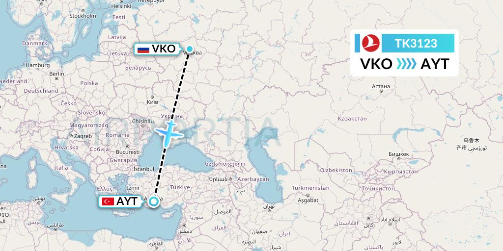 TK3123 Turkish Airlines Flight Map: Moscow to Antalya