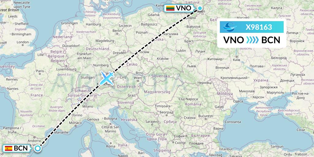 X98163 Avion Express Flight Map: Vilnius to Barcelona