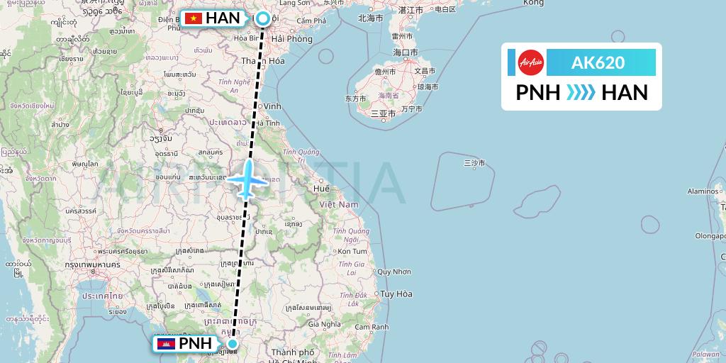AK620 AirAsia Flight Map: Phnom Penh to Hanoi
