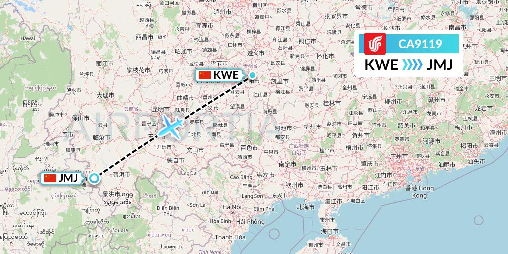 CA9119 Air China Flight Map: Guiyang to Pu'er