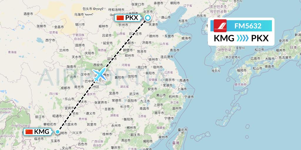 FM5632 Shanghai Airlines Flight Map: Kunming to Beijing