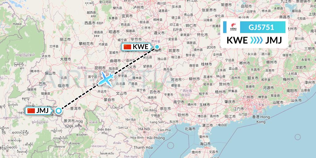 GJ5751 Loong Airlines Flight Map: Guiyang to Pu'er