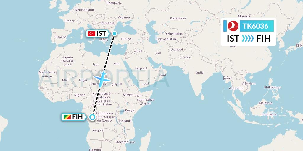 TK6036 Turkish Airlines Flight Map: Istanbul to Kinshasa