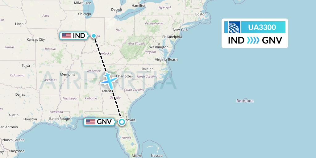 UA3300 United Airlines Flight Map: Indianapolis to Gainesville