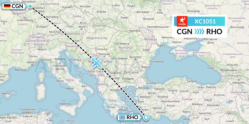 XC1051 Corendon Airlines Flight Map: Cologne to Rhodes