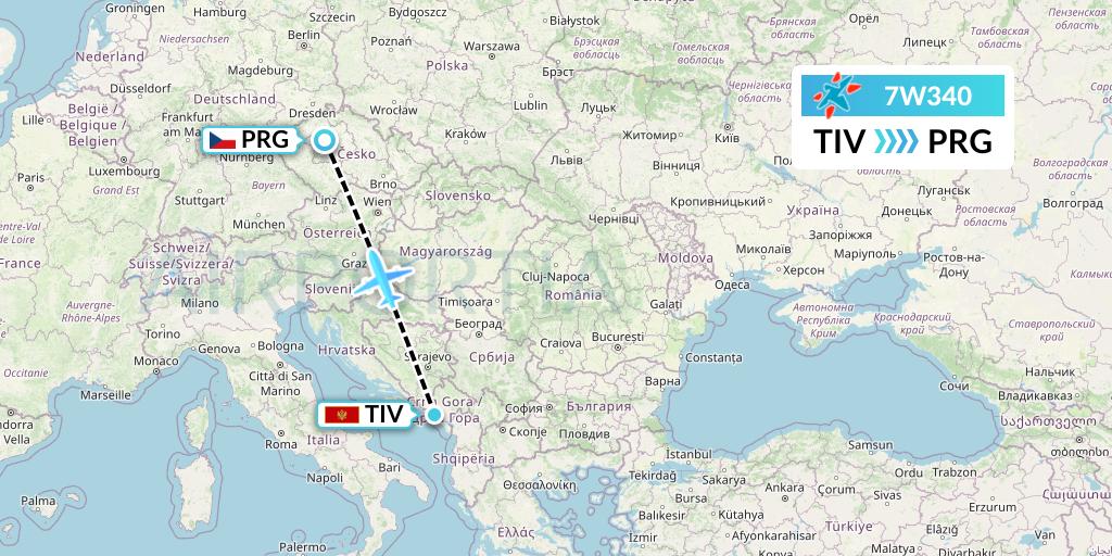 7W340 Windrose Airlines Flight Map: Tivat to Prague