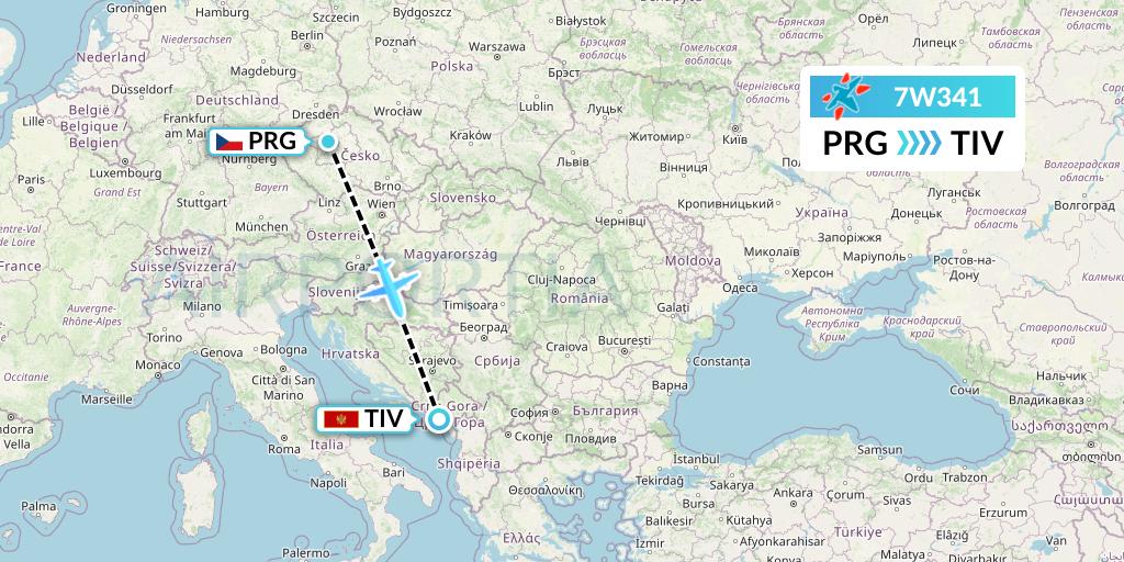 7W341 Windrose Airlines Flight Map: Prague to Tivat