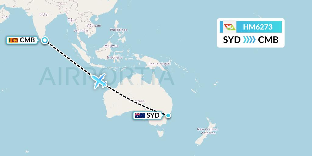 HM6273 Air Seychelles Flight Map: Sydney to Colombo